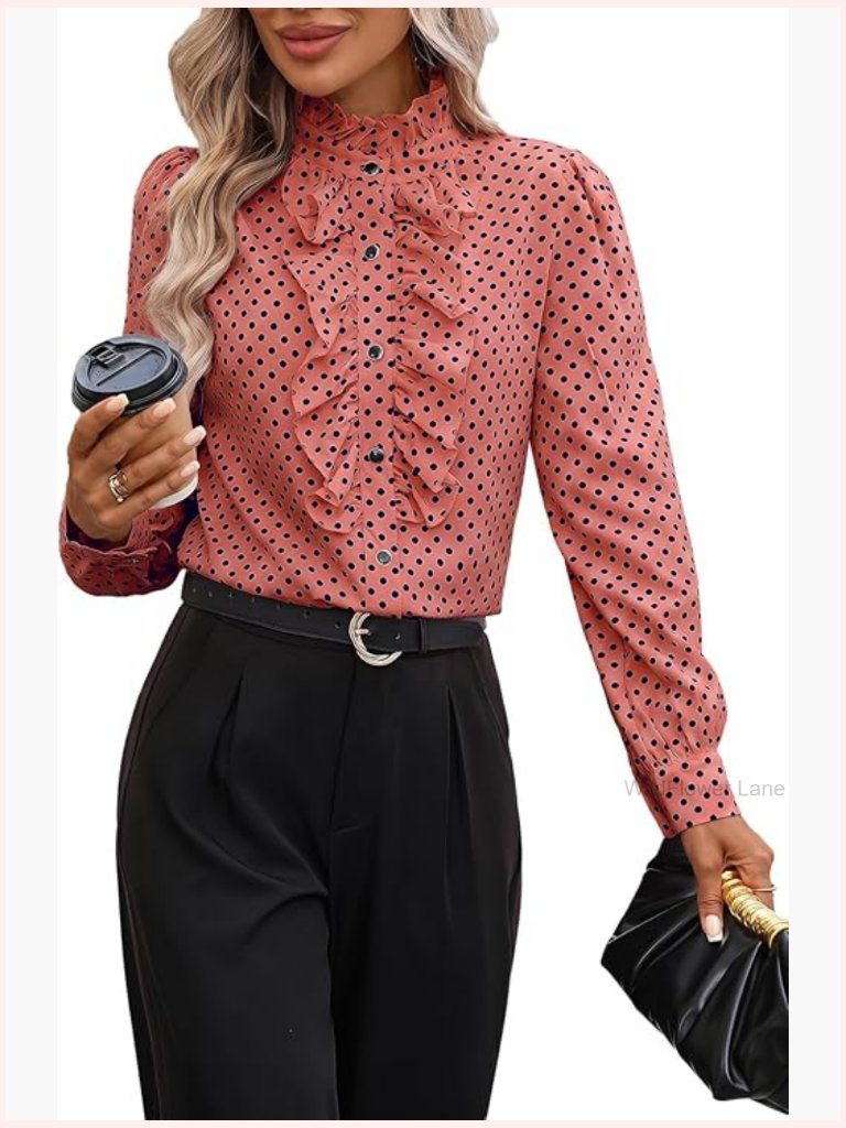 Polka Dot Ruffle Button Down Blouse Long Sleeve Mock Neck